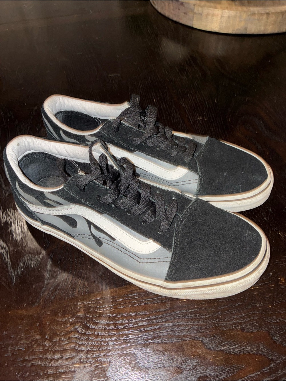 Vans Black & White Low-Top Skate Sneakers with Flame Detail